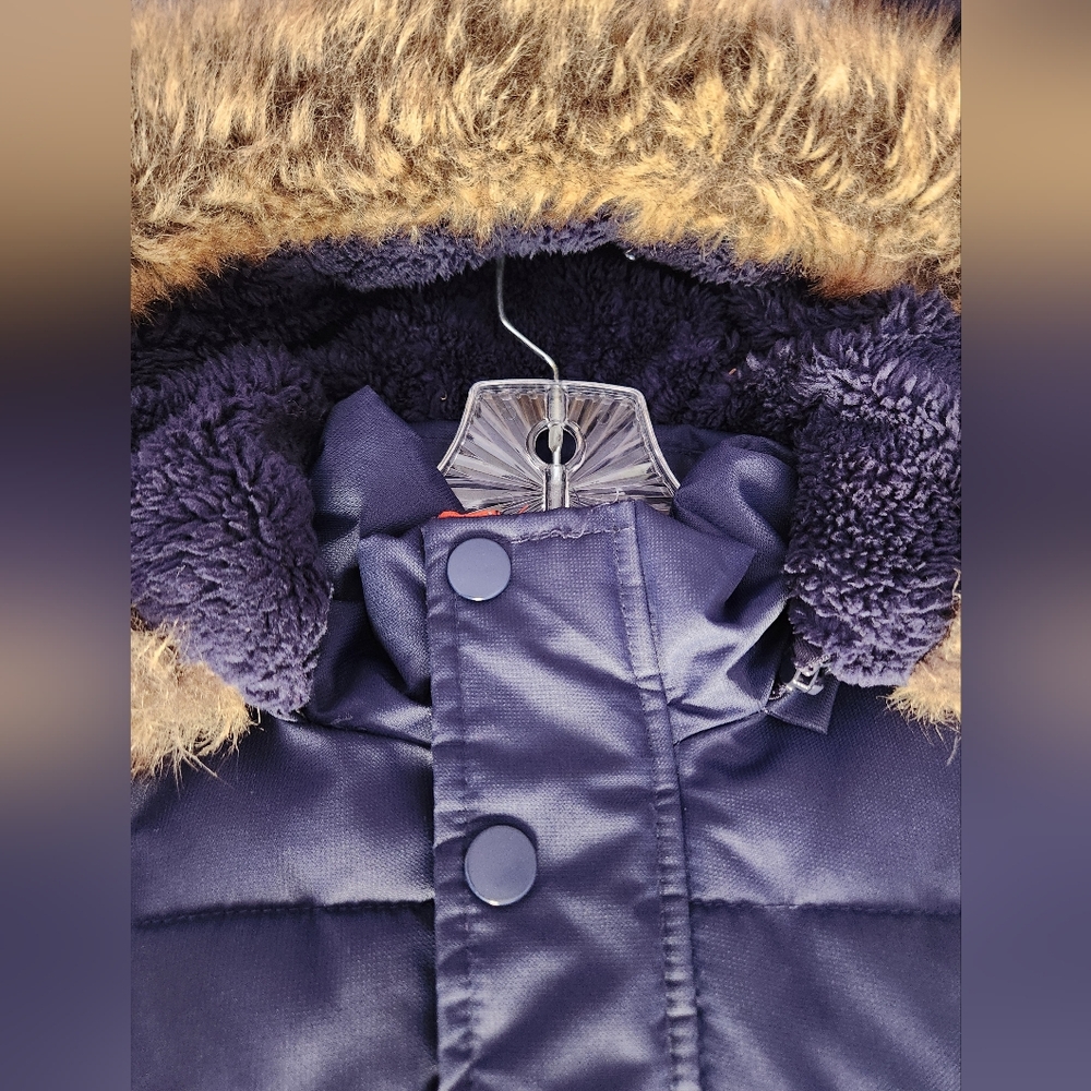 Boys Navy Blue Puffer Jacket with Faux Fur Hood - Picture 4 of 7